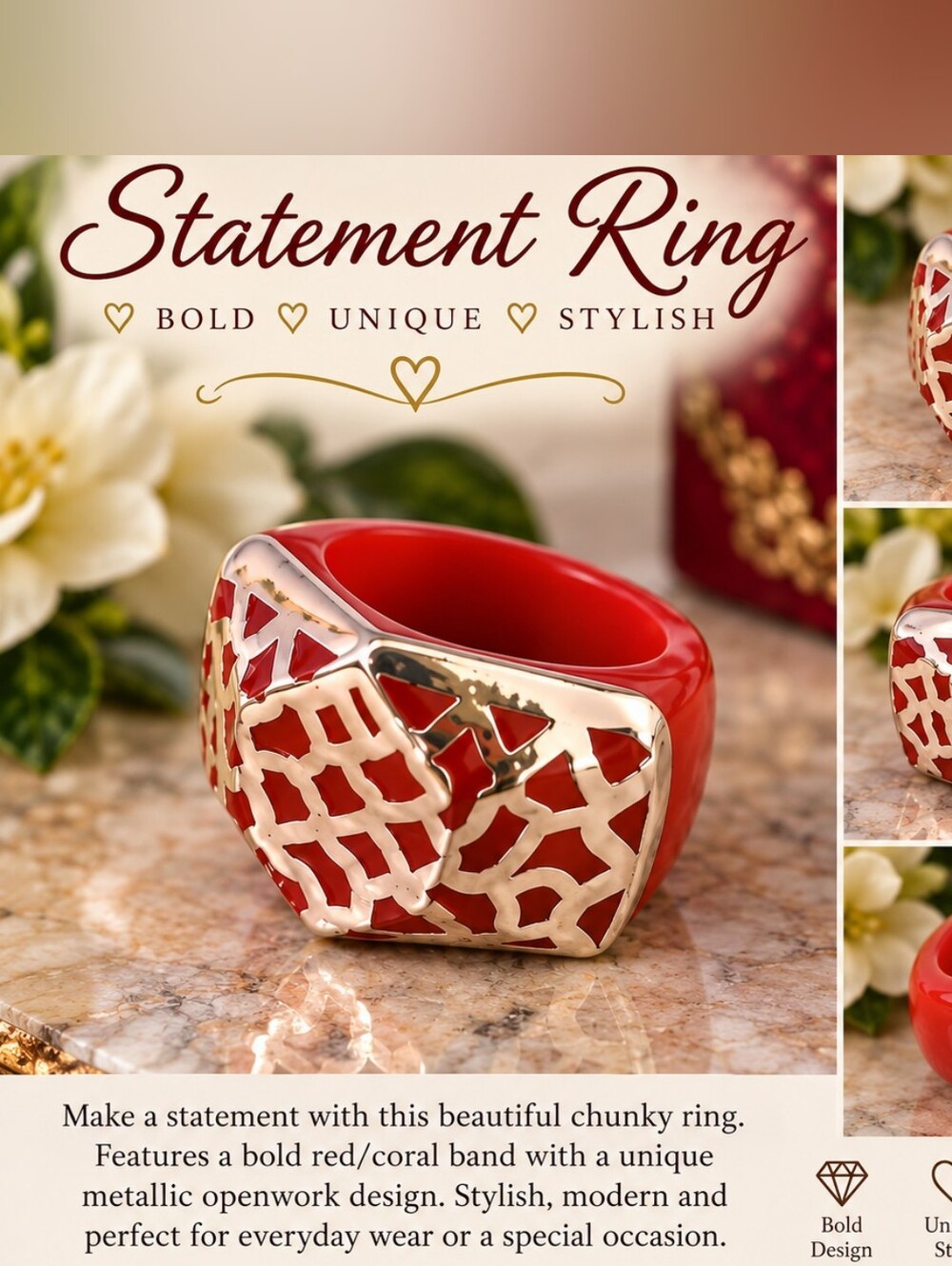 Bold Red Statement Ring with Gold Openwork
